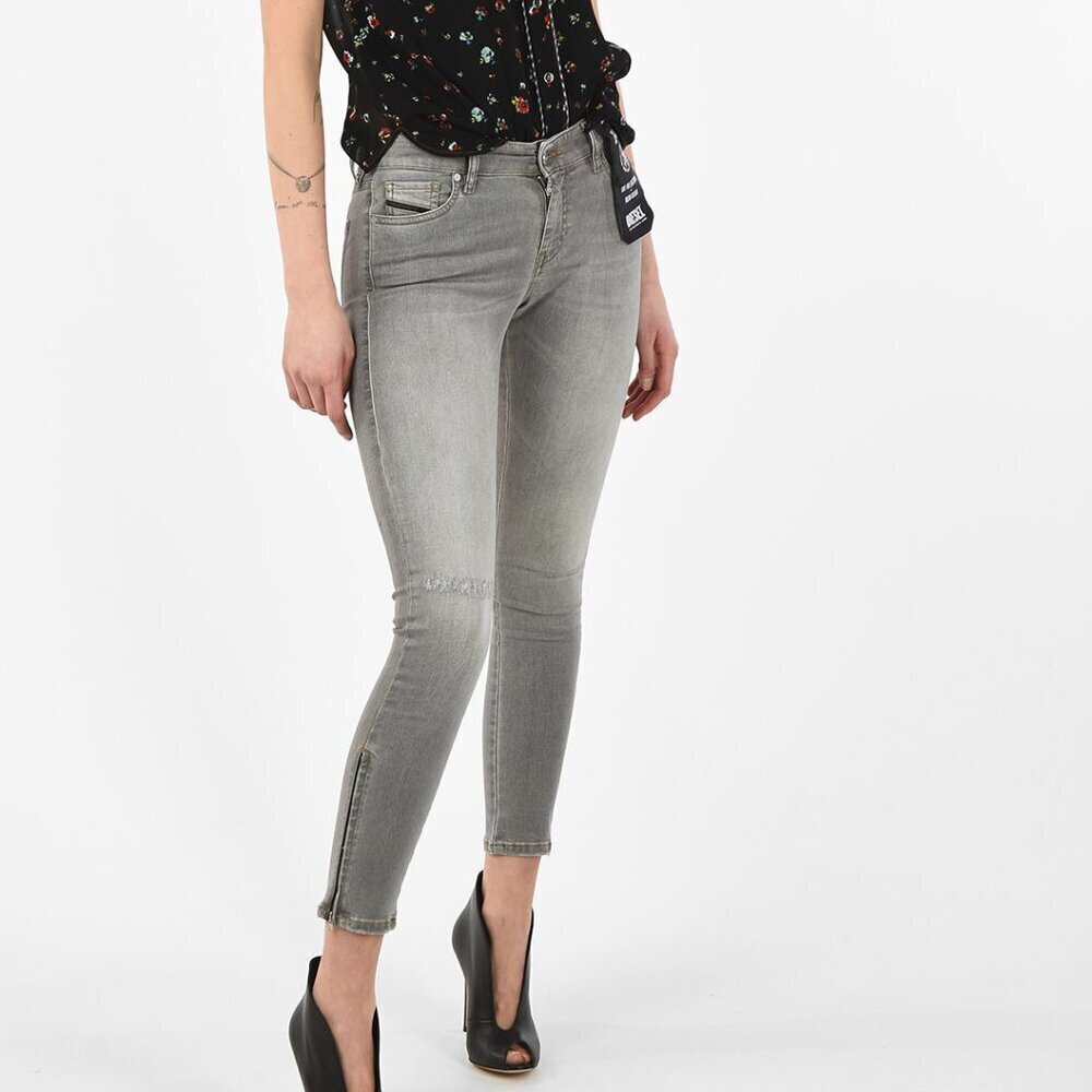 Diesel Skinny Jeans in Light Grey Wash with Ankle Zips